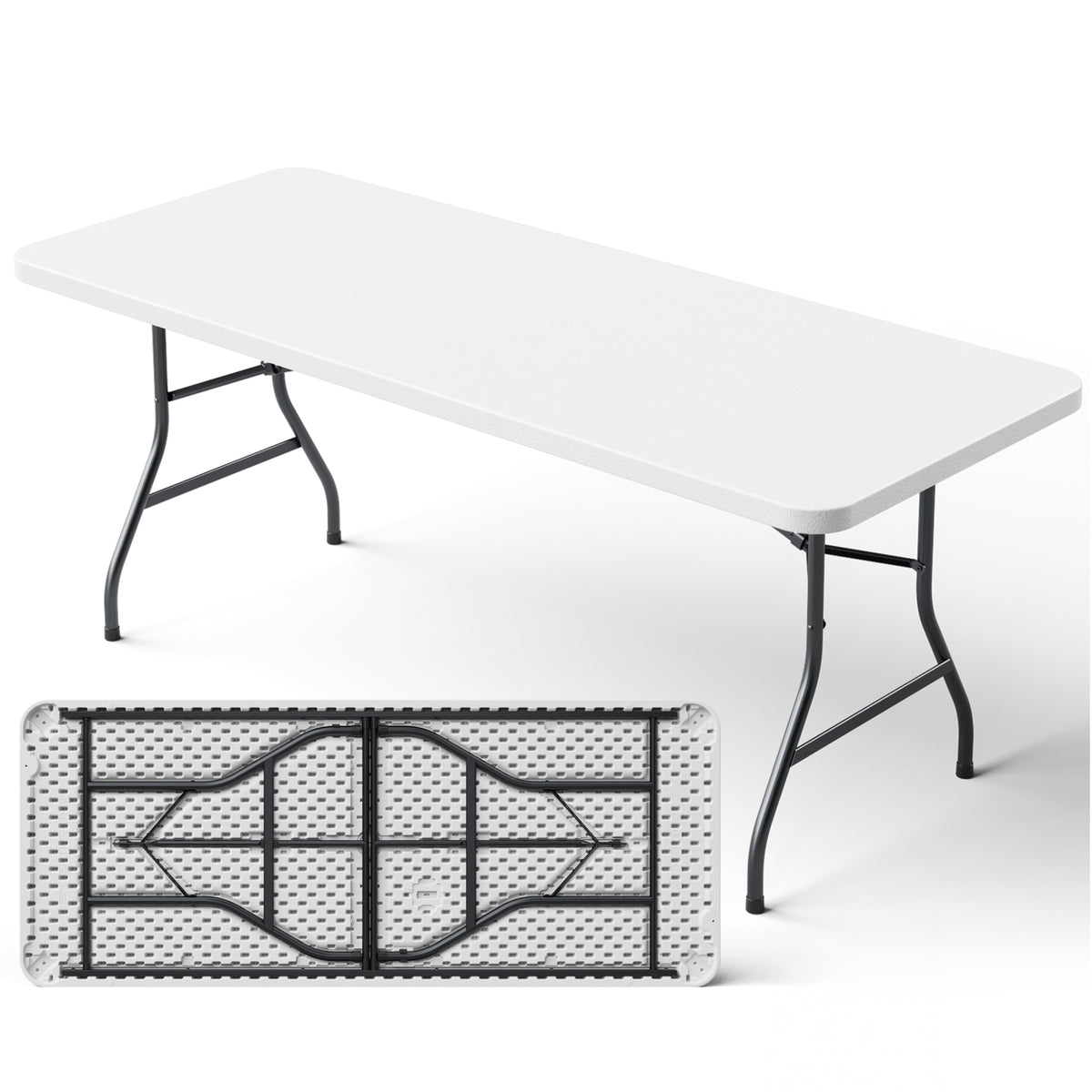 6ft Folding Table, Heavy Duty Plastic Card Table with Foldable Steel Legs, Metal Frame Support up to 600 lb, Portable for Indoor, Outdoor, Picnic, Camping, Dining, Party, Black
