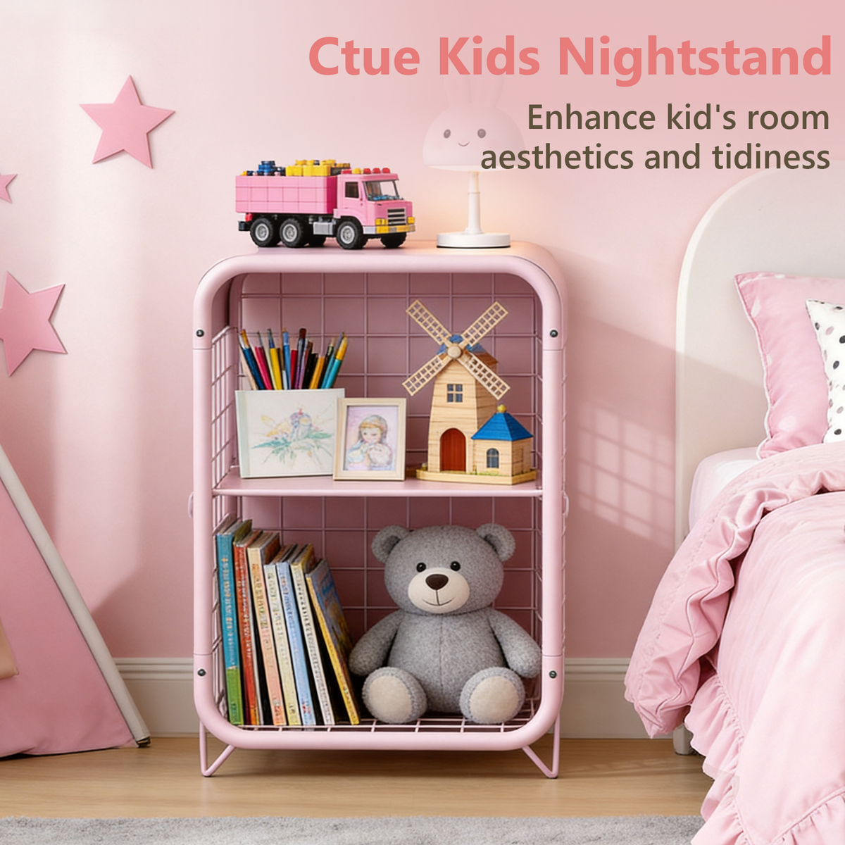 Cute Nightstand, Metal End Table, Side Table with Storage, 3-Tier Narrow End Table for Girls, Small Beside Table for Bedroom, Living Room, Office, Decor, Pink
