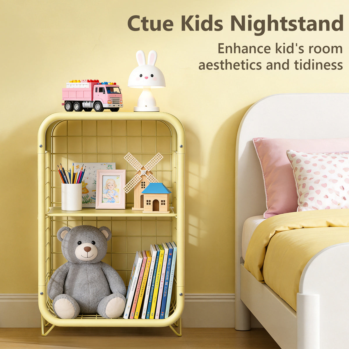 Cute Nightstand, Metal End Table, Side Table with Storage, 3-Tier Narrow End Table for Girls, Small Beside Table for Bedroom, Living Room, Office, Decor, Pink