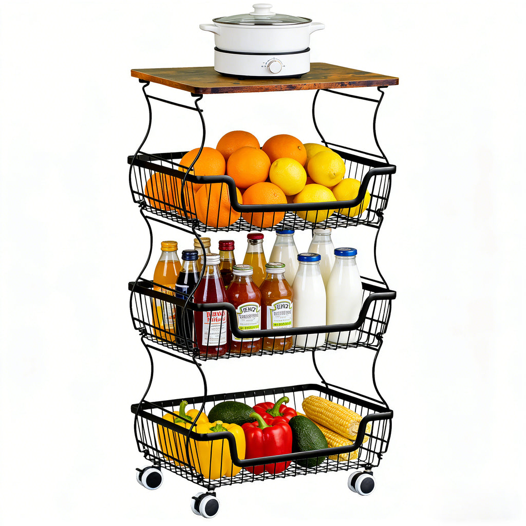 Kitchen Storage Cart on Wheels, 4 Tier Rolling Stackable Pantry Floor Organizer, Kitchen Fruit Basket Stand for Home Removable Metal Vegetable Rack Wire Snack Cart