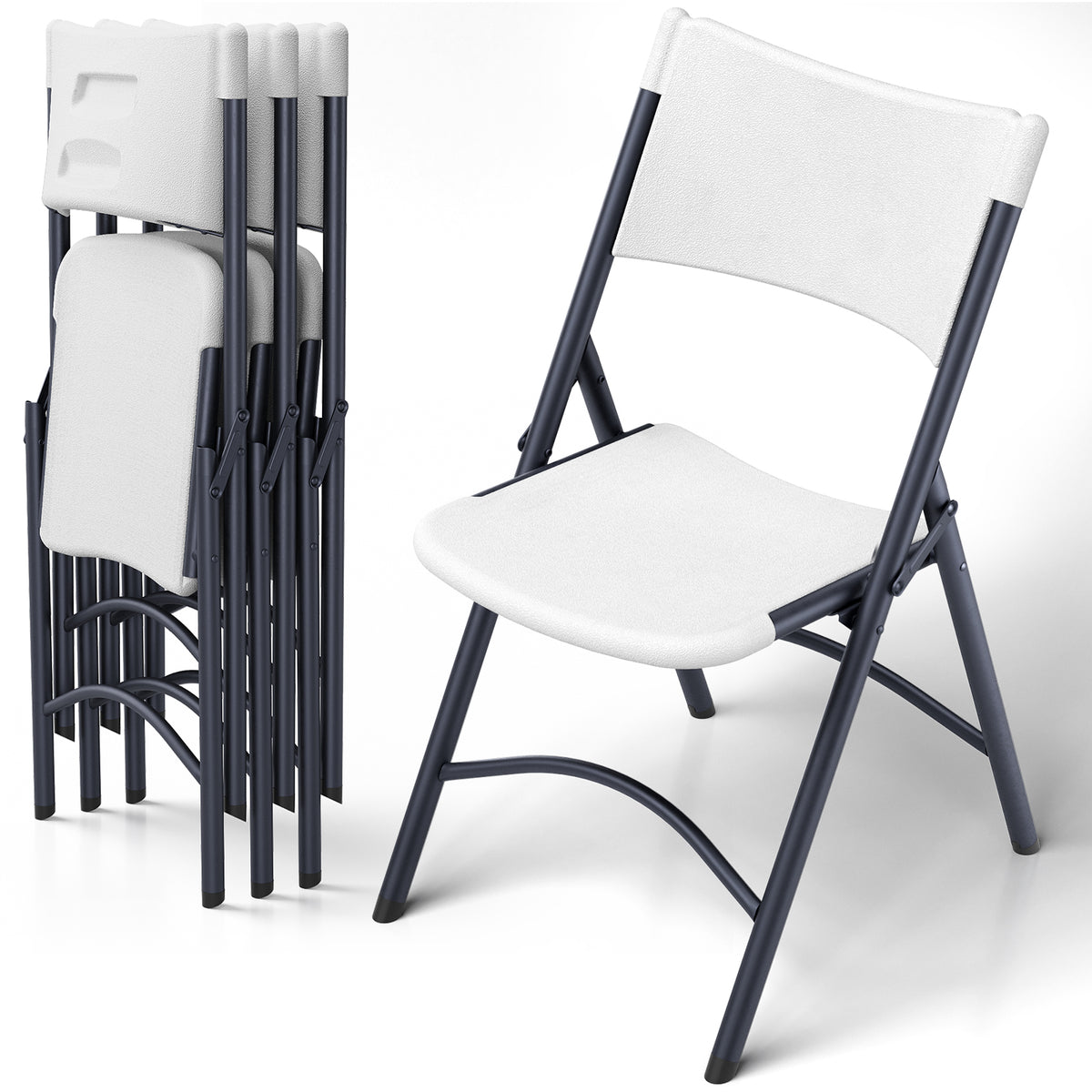 Folding Chairs 4 Pack, Outdoor Portable Foldable Chair with Steel Frame, 500lbs Capacity Heavy Duty Metal White Plastic Folding Chairs for Patio, Picnic, Kitchen, Dining