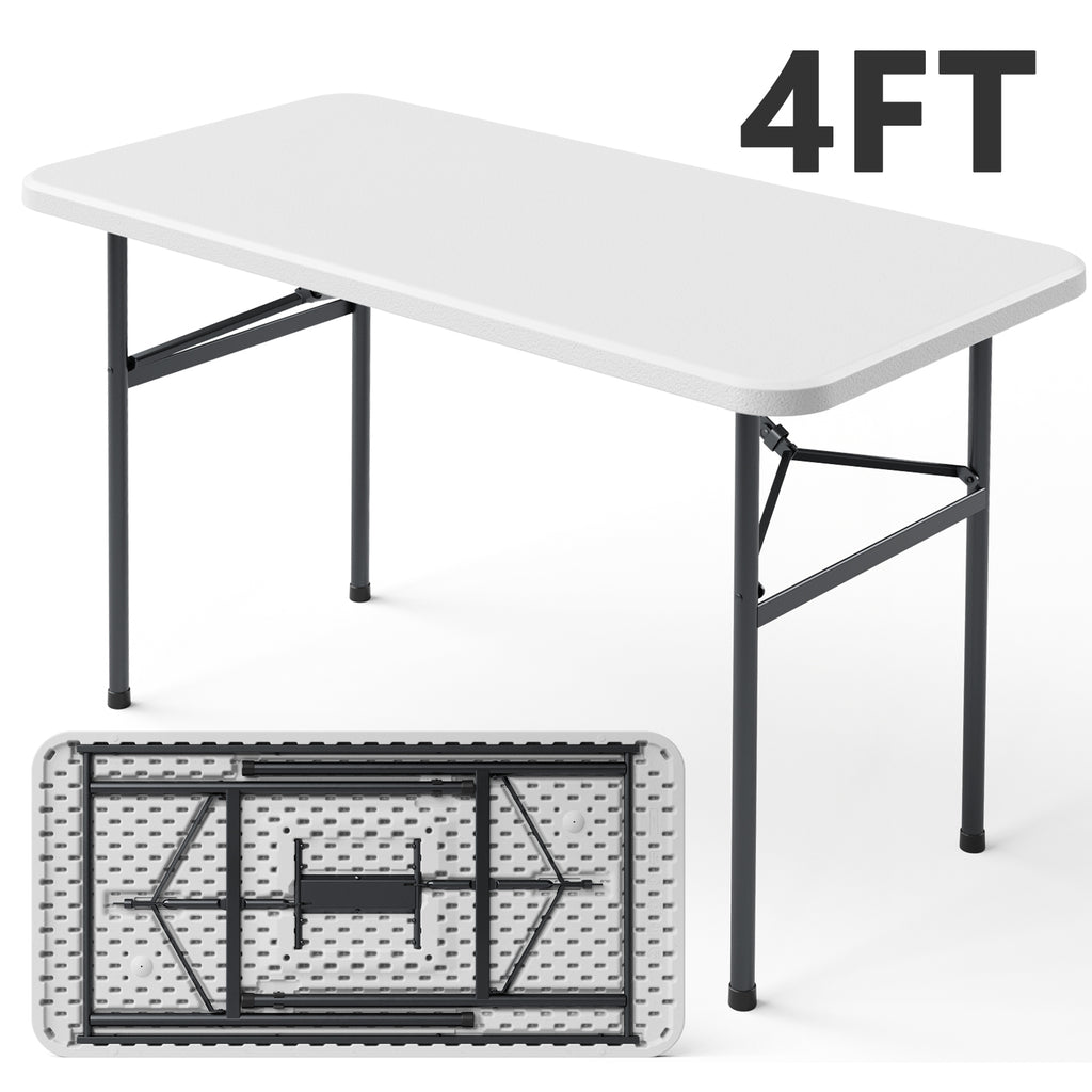 4ft Folding Table, Heavy Duty Plastic Card Table with Foldable Steel Legs, Metal Frame Support up to 400 lb, Portable for Indoor, Outdoor, Picnic, Camping, Dining, Party, White