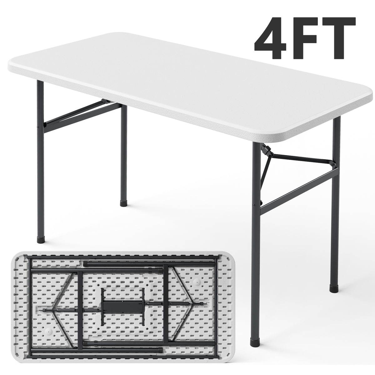 4ft Folding Table, Heavy Duty Plastic Card Table with Foldable Steel Legs, Metal Frame Support up to 400 lb, Portable for Indoor, Outdoor, Picnic, Camping, Dining, Party, White