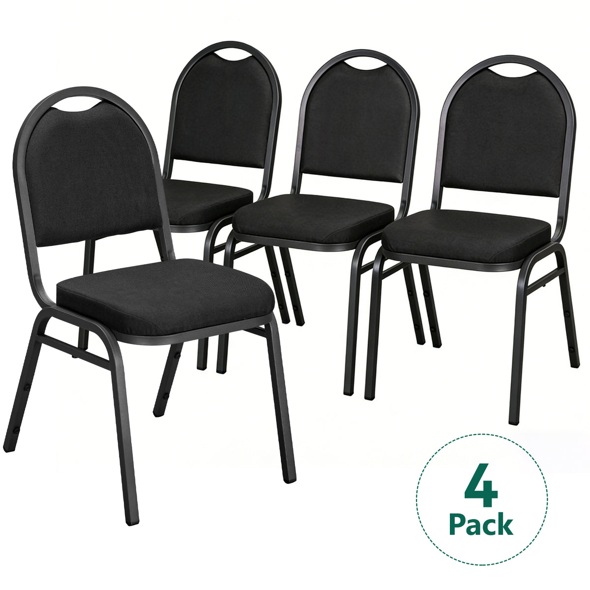 HaiNova Dome Back Stack Chair 4 Pack, with Black Vinyl Seat and Back, 500-lb Weight Capacity, Black Steel Frame, for Banquets, Weddings, Black