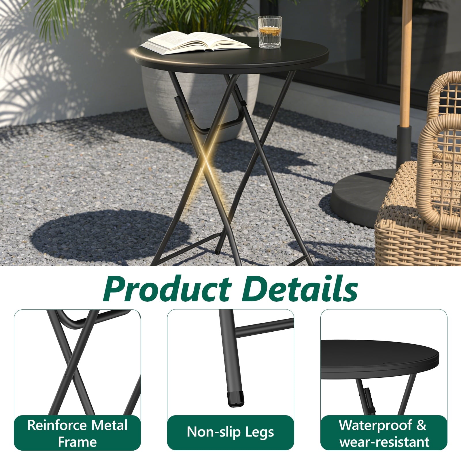 HaiNova 32in Folding Round High Top Table, Cocktail Table, with Removable Legs, Tall Bistro Foldable Bar Height Table for Parties, Patio, Black