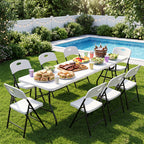 HaiNova 8FT Folding Table, Portable Fold-in-Half Plastic Picnic Table with Carrying Handle, Anti-fouling and Sun-Proof Suitable for Meetings, Parties, and Weddings, White