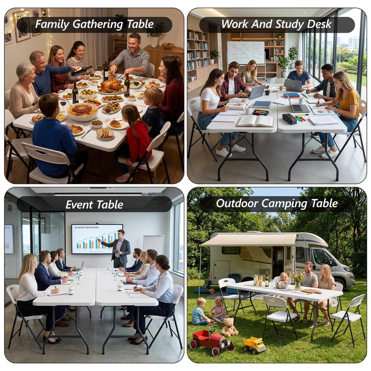 HaiNova 8FT Folding Table, Portable Fold-in-Half Plastic Picnic Table with Carrying Handle, Anti-fouling and Sun-Proof Suitable for Meetings, Parties, and Weddings, White