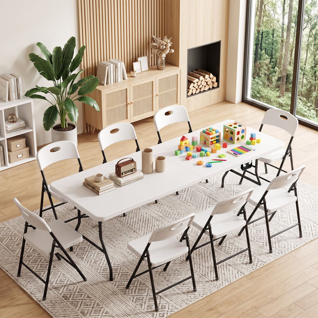 HaiNova 8FT Folding Table, Portable Fold-in-Half Plastic Picnic Table with Carrying Handle, Anti-fouling and Sun-Proof Suitable for Meetings, Parties, and Weddings, White