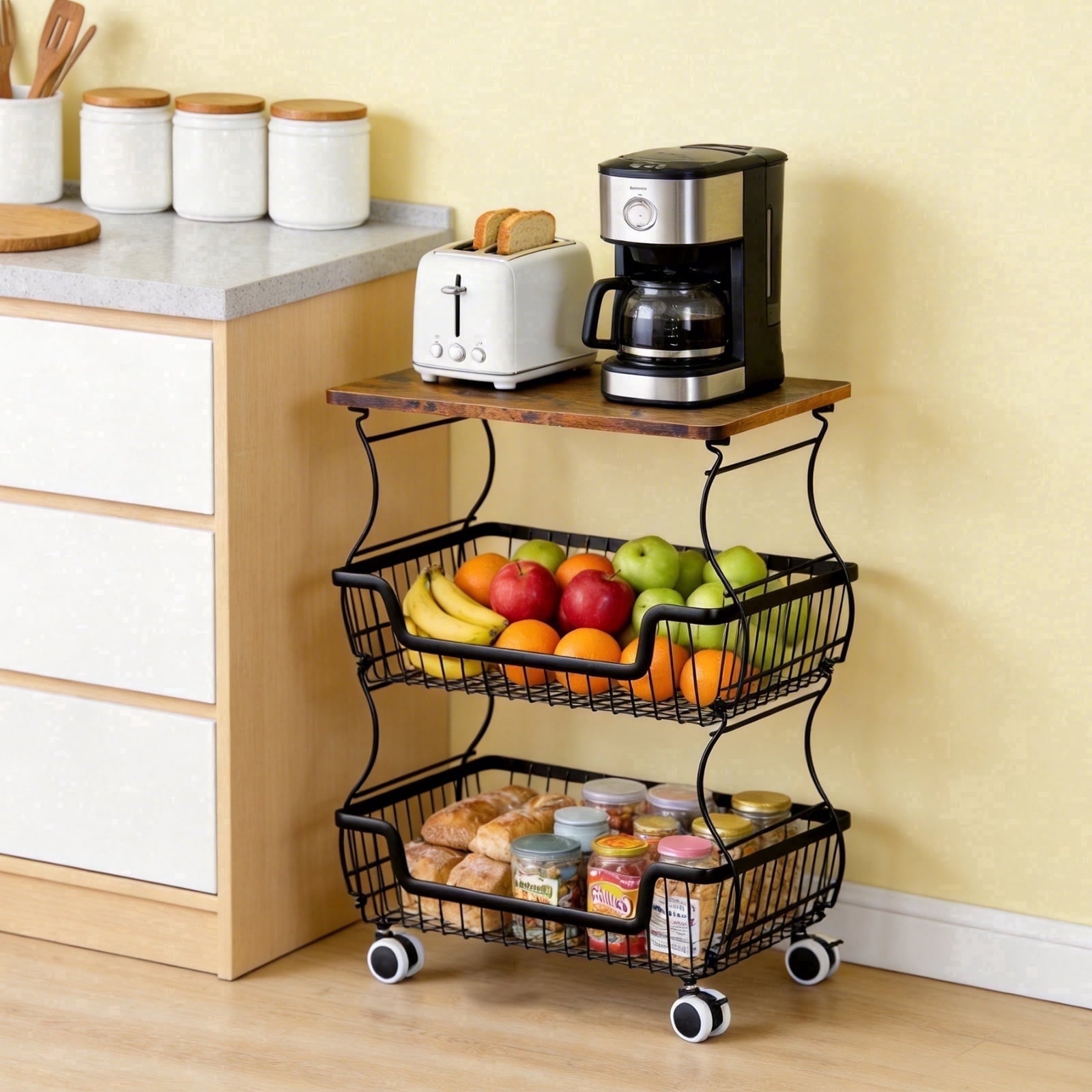 HaiNova 3-Tier Rolling Pantry Cart with Wheels and Top Shelf, Stackable Wire Snack Cart for Pantry Shelves, Kitchen Fruit, Vegetables Stand
