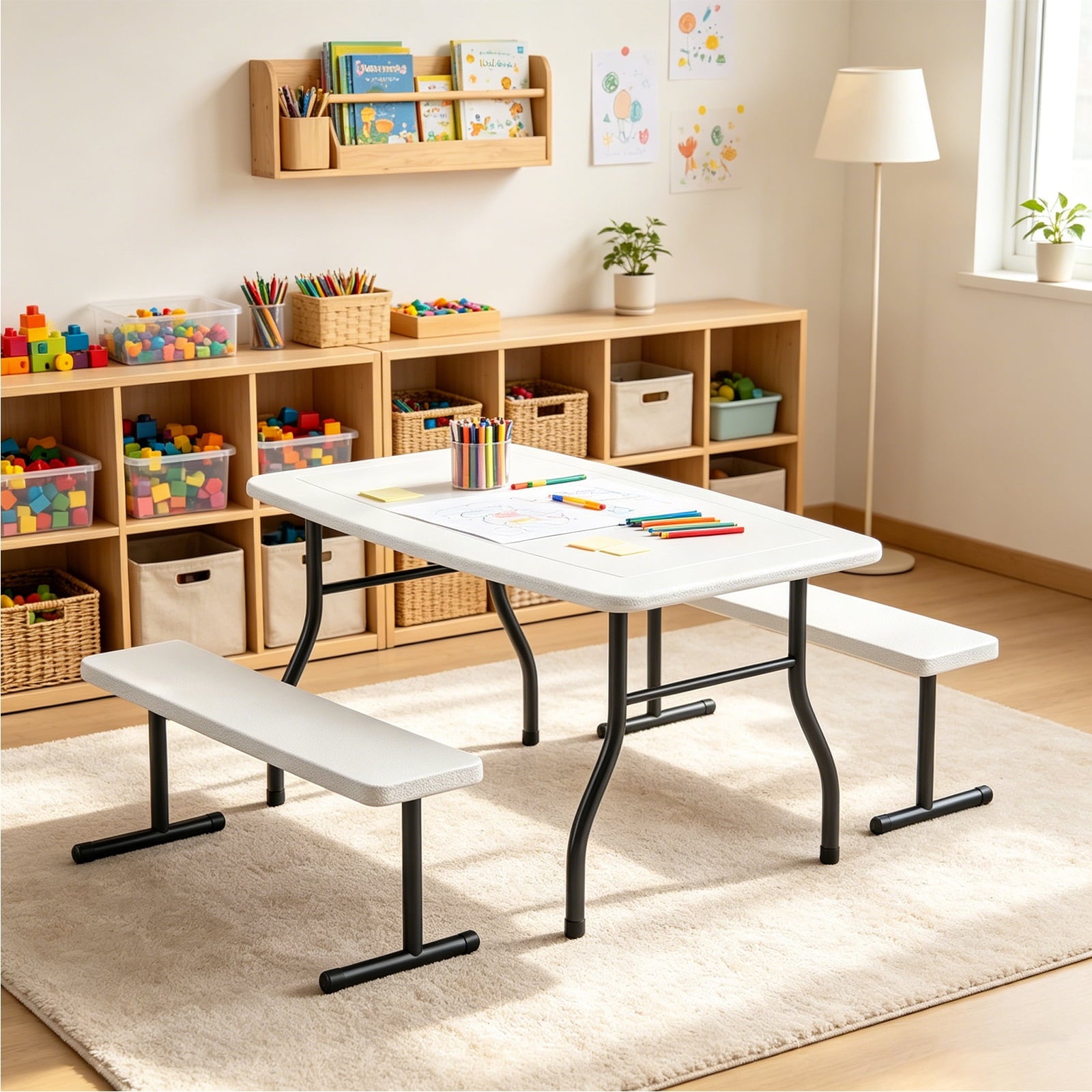 WLLJOY 3-Piece Kids Picnic Tableset, Outdoor Portable Small Table with Long Bench, Waterresistance and Easy to Clean, Suitable for Patio, Garden and living Room