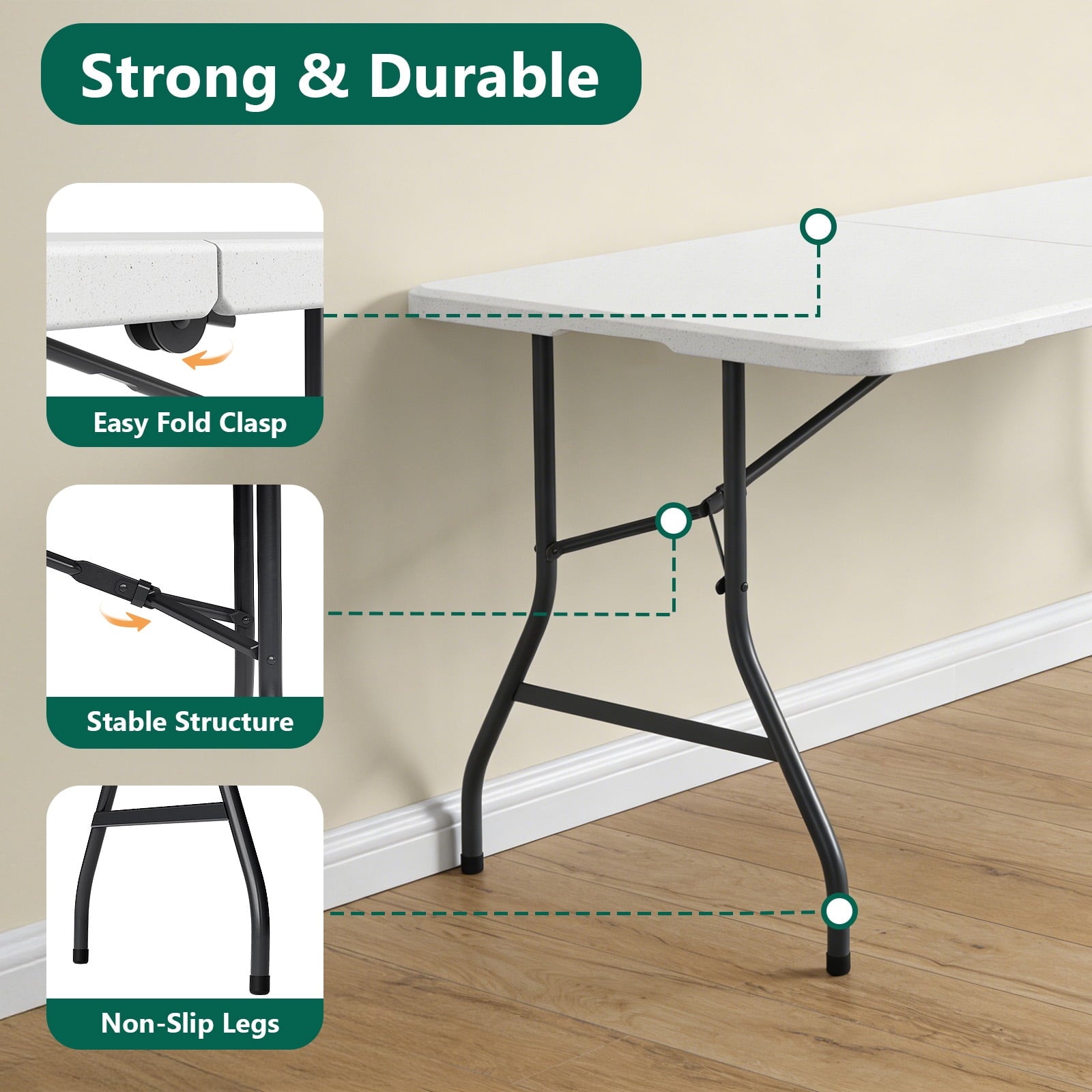 HaiNova 5ft Folding Table, Portable Heavy Duty Picnic Table with Portable Handle, Durable, Suitable for Dinner, Wedding, Camping, White.