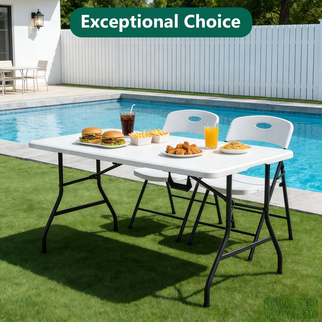 HaiNova 5ft Folding Table, Portable Heavy Duty Picnic Table with Portable Handle, Durable, Suitable for Dinner, Wedding, Camping, White.