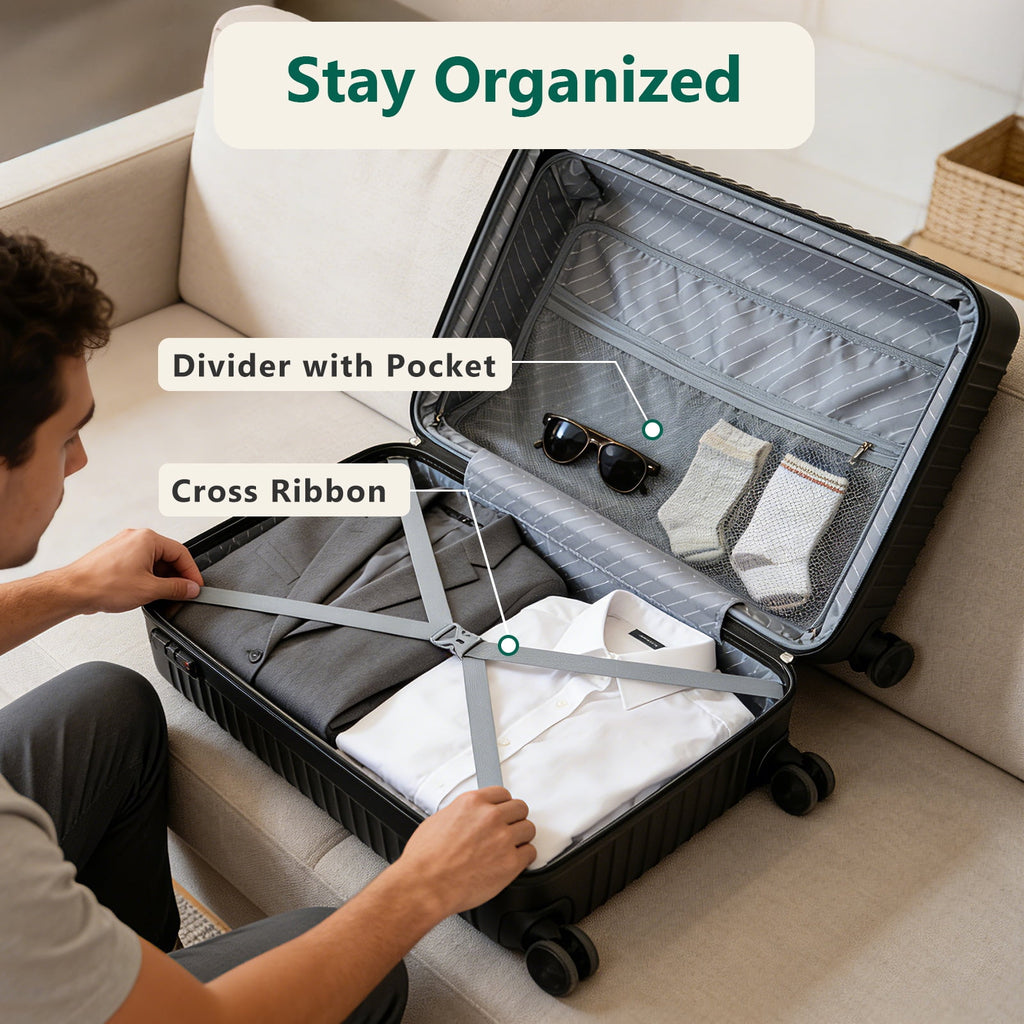WASUHE 24" Hardside Medium Checked Expandable Luggage,Hardshell Suitcase With Divider Pockets,Four 360-Spinner Wheels,Expandable For Up to 15% More Space,With Scratch-Resistant Surface,Black