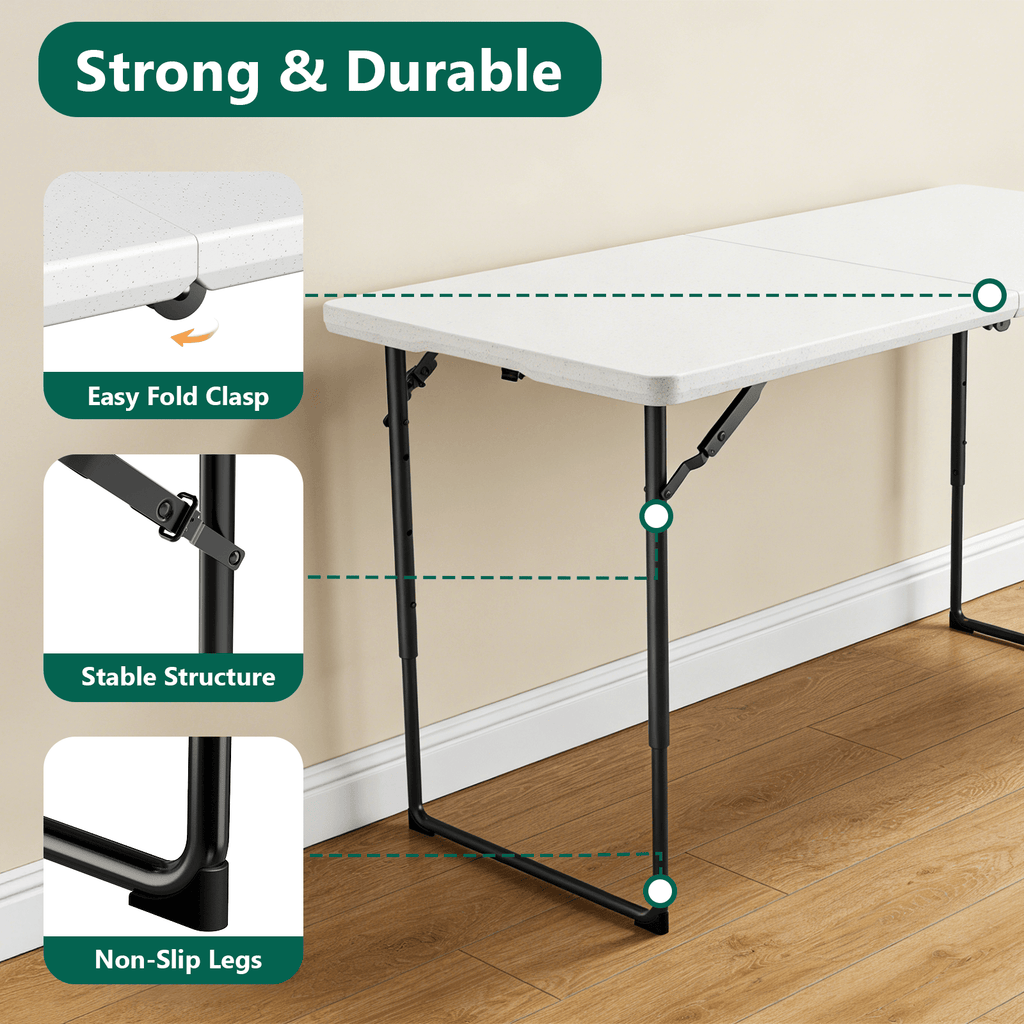 Folding Table, 4FT Foldable Picnic Table with Adjustable Height, Heavy Duty Fold-in-Half Portable Table for Weddings, Camping, RV Travel, Parties, BBQs, and Indoor Use, Easy to Fold and Store