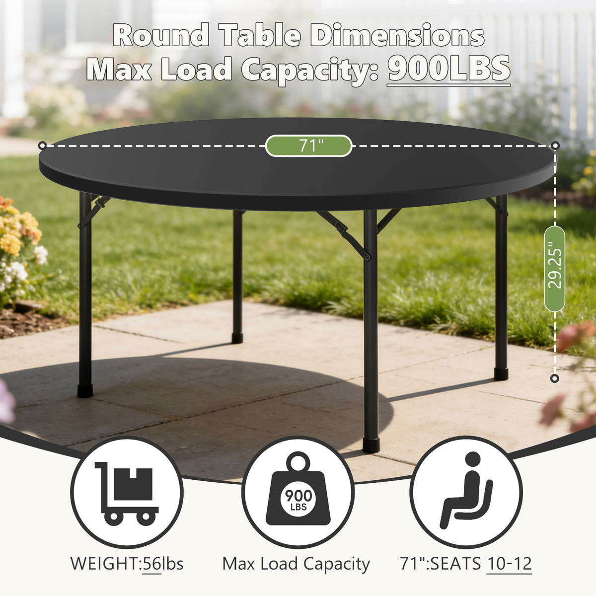 6FT Folding Round Table, Heavy Duty Plastic Card Table with Foldable Legs, Portable Folding Banquet Table for Living Room, Party or Outdoor Event, Indoor & Outdoor Use, Black