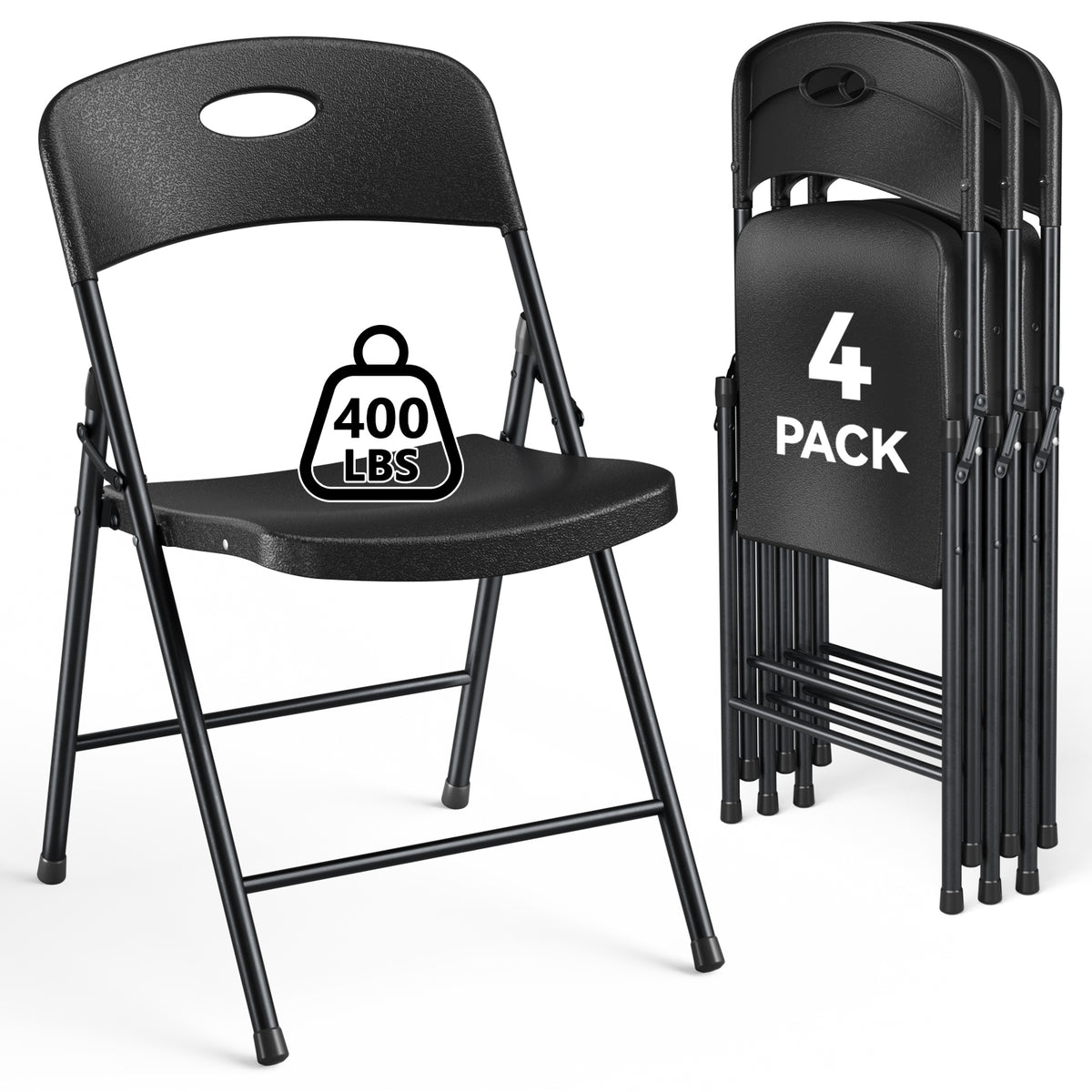 HaiNova 4PCS Black Plastic Folding Chair Set, 400-Pound Portable Waterproof and Wear-Resistant Folding Chair with Steel Frame for Picnics and Business