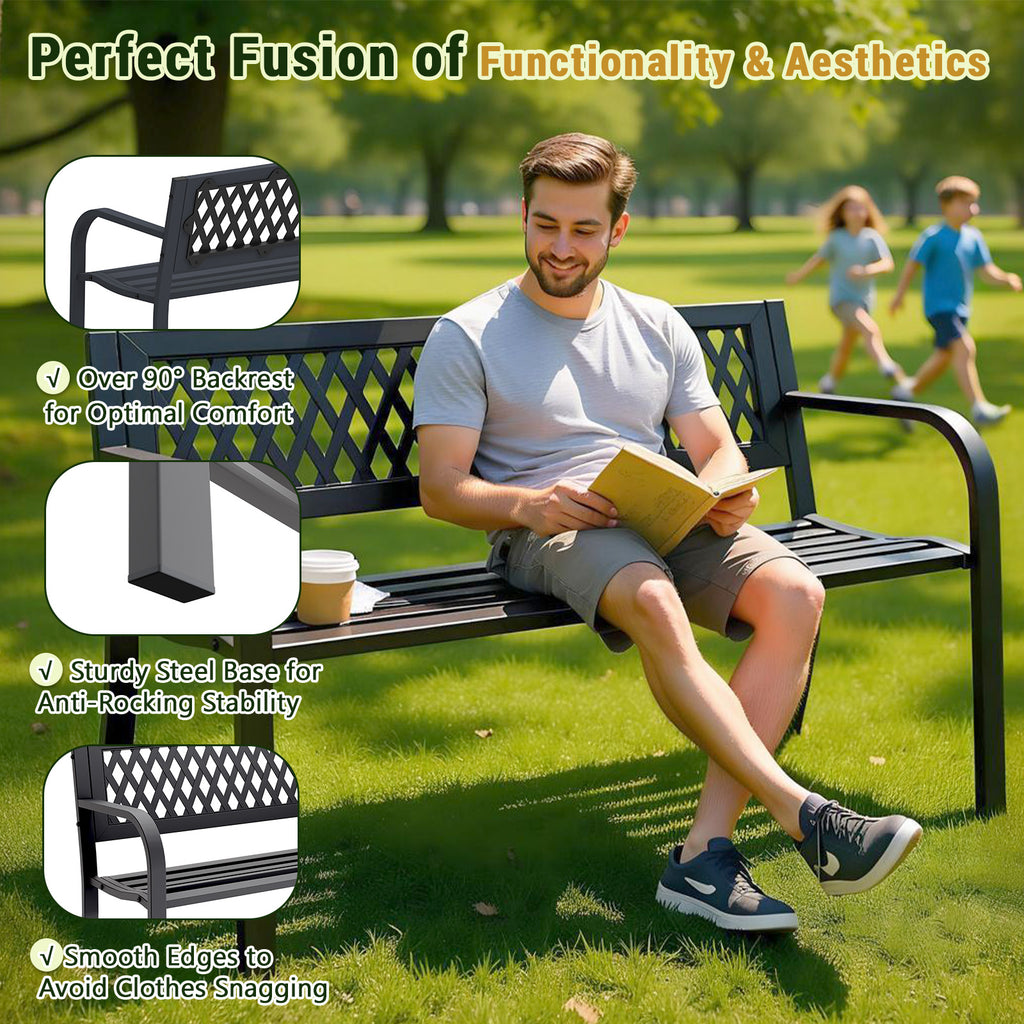 47" Outdoor Garden Bench, Patio Bench with Backrest, Weatherproof, Black