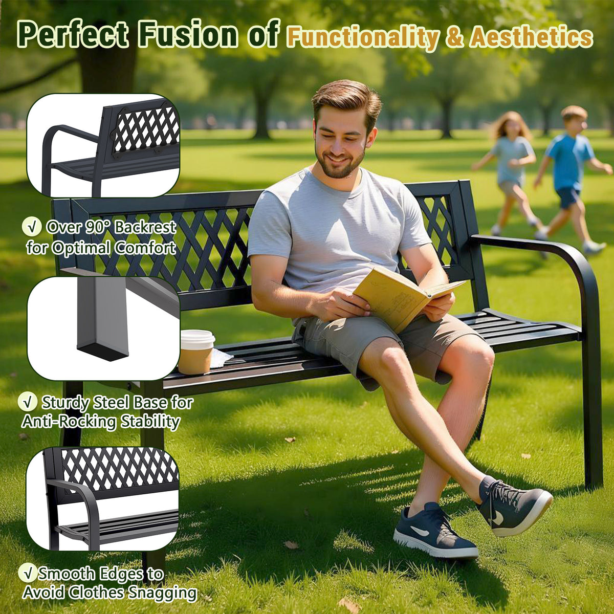 47" Outdoor Garden Bench, Patio Bench with Backrest, Weatherproof, Black