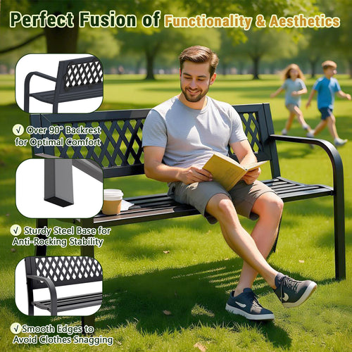 47" Outdoor Garden Bench, Patio Bench with Backrest, Weatherproof, Black