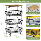 Kitchen Storage Cart on Wheels, 4 Tier Rolling Stackable Pantry Floor Organizer, Kitchen Fruit Basket Stand for Home Removable Metal Vegetable Rack Wire Snack Cart