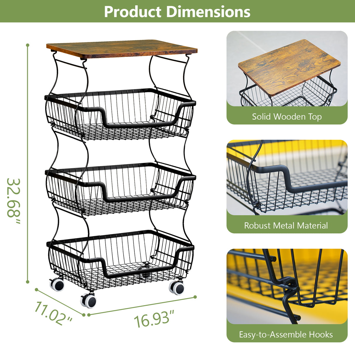 Kitchen Storage Cart on Wheels, 4 Tier Rolling Stackable Pantry Floor Organizer, Kitchen Fruit Basket Stand for Home Removable Metal Vegetable Rack Wire Snack Cart