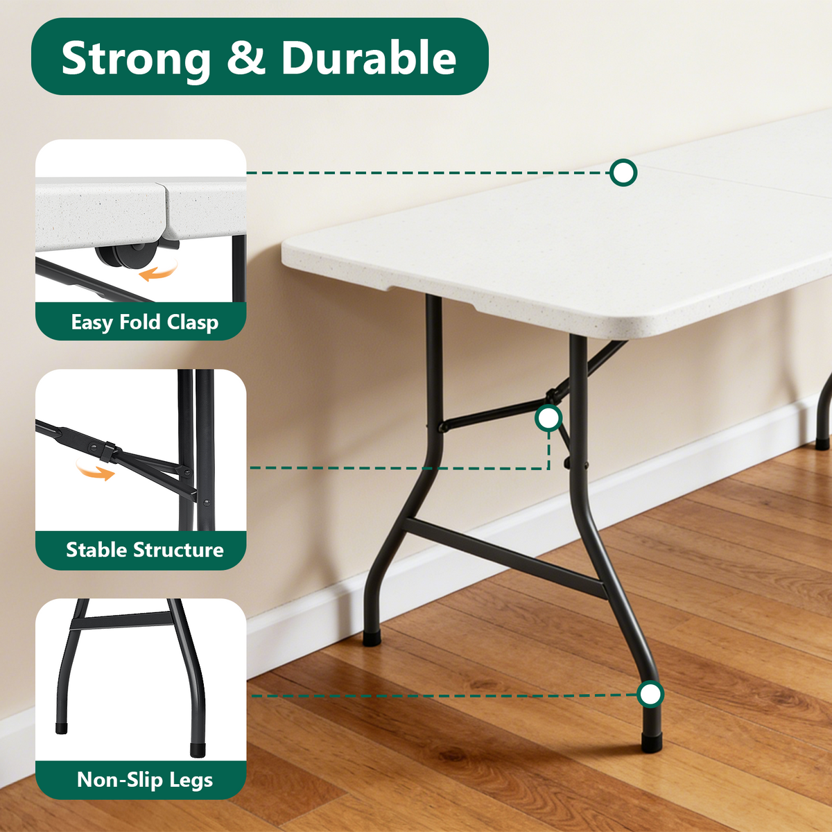 HaiNova 4 Pack 6ft Folding Table, 72" × 30" with Carry Handle, Stain Resistant Foldable Table for Camping Party Picnic, White