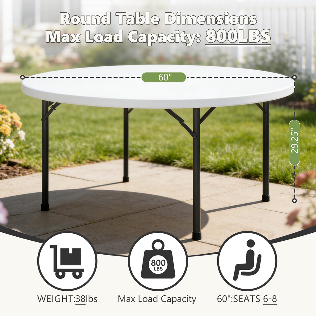60" Folding Round Table, Plastic Dinner Table, Portable Folding Banquet Table for Living Room, Party or Outdoor Event, Black