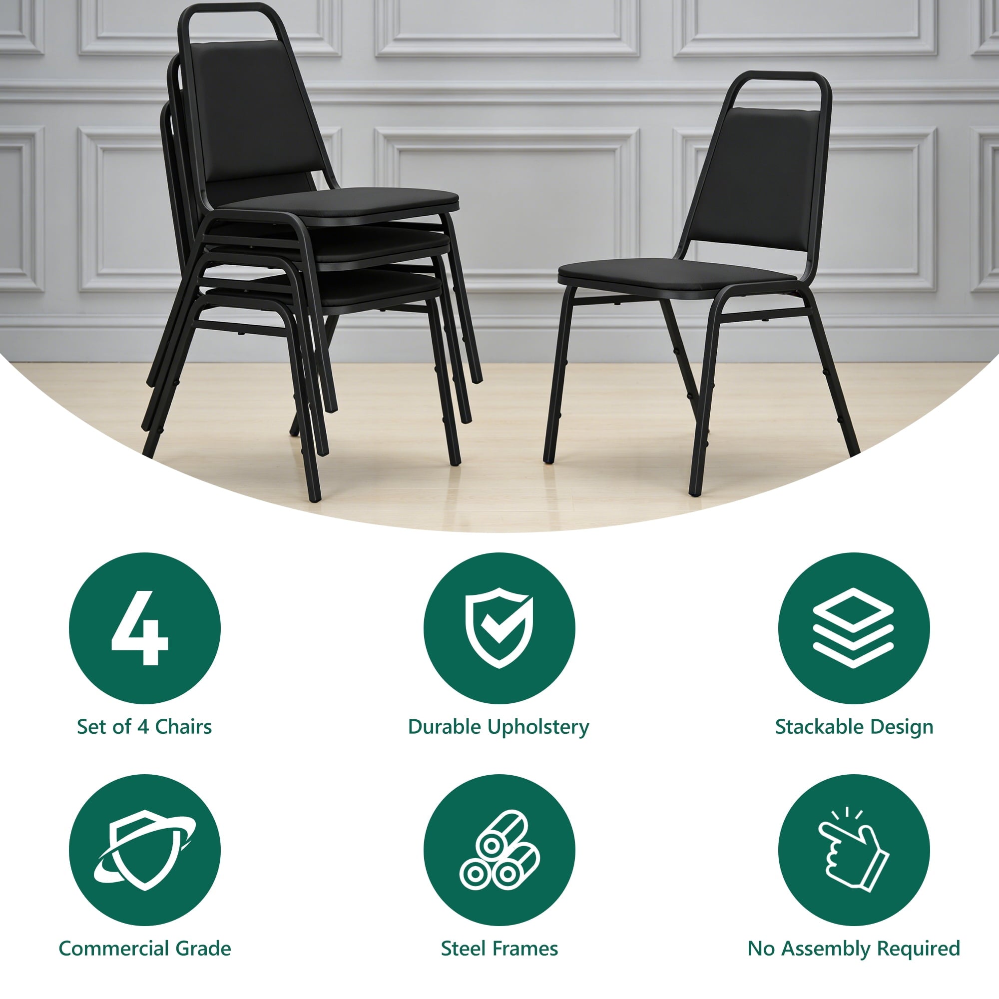 HaiNova Trapezoidal Back Vinyl Stacking Banquet Chair, Multipurpose Stacking Chair with Padded Seat and Back,for Weddings,dinners, Black