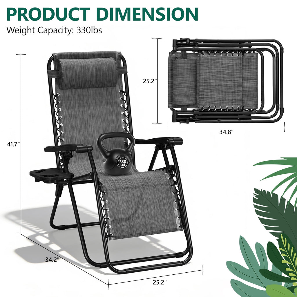 WLLJOY Zero Gravity Chair 2Pcs, 350lb Capacity, Folding Reclining Chair with Adjustable Pillow and Cup Holder for Garden, Patio, Beach, Gray