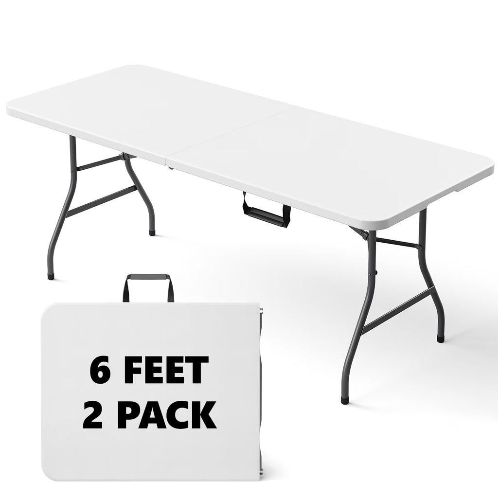 HaiNova 2 Pack 6ft Folding Table, 72" × 30" with Carry Handle, Stain Resistant Foldable Table for Camping Party Picnic, White