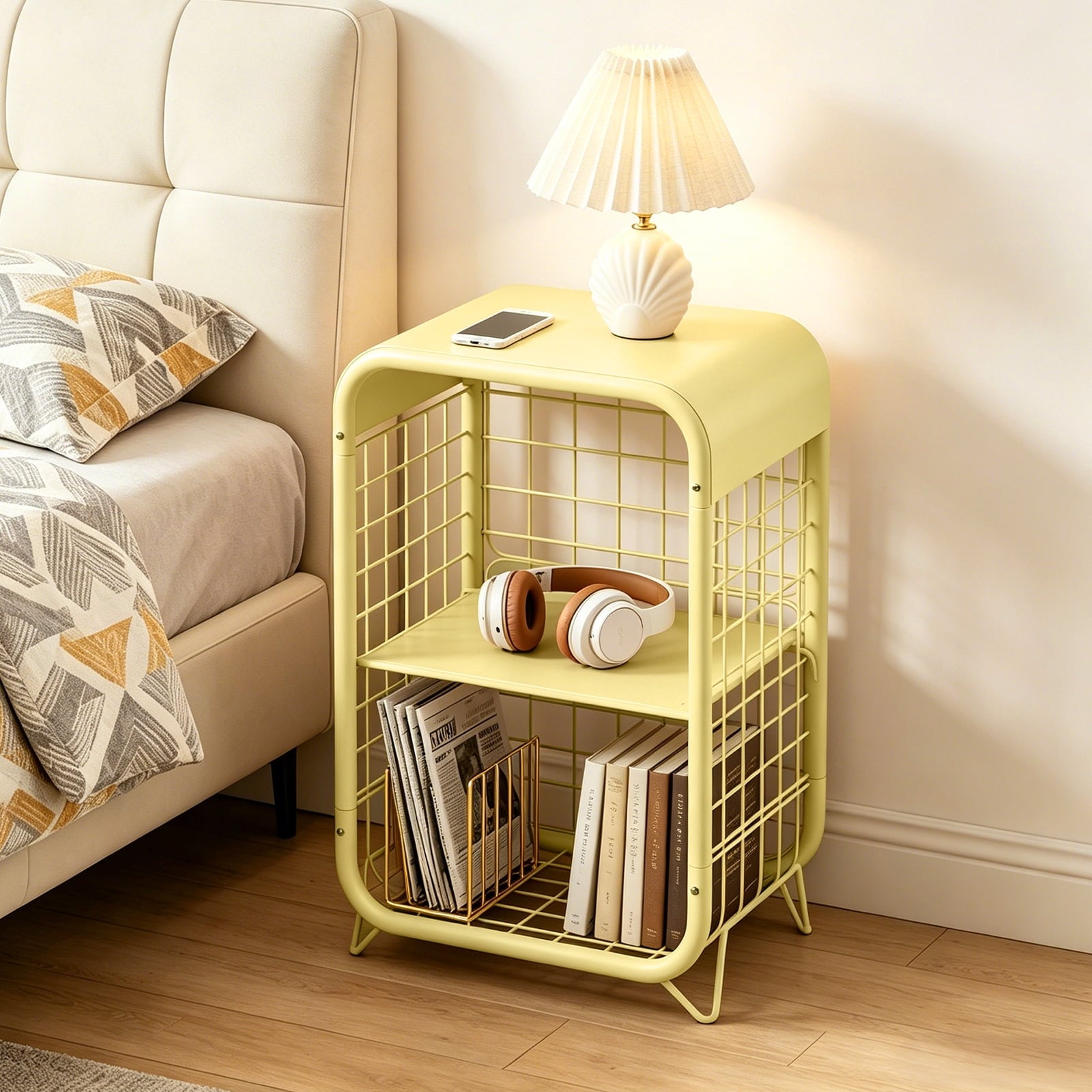 HaiNova 3-Tier Metal Wire Nightstand ,Kids End Table with Anti-Collision Fillet Design ,Sturdy Side Table for Bedroom ,Bathroom ,Living Room & Small Spaces ,Yellow