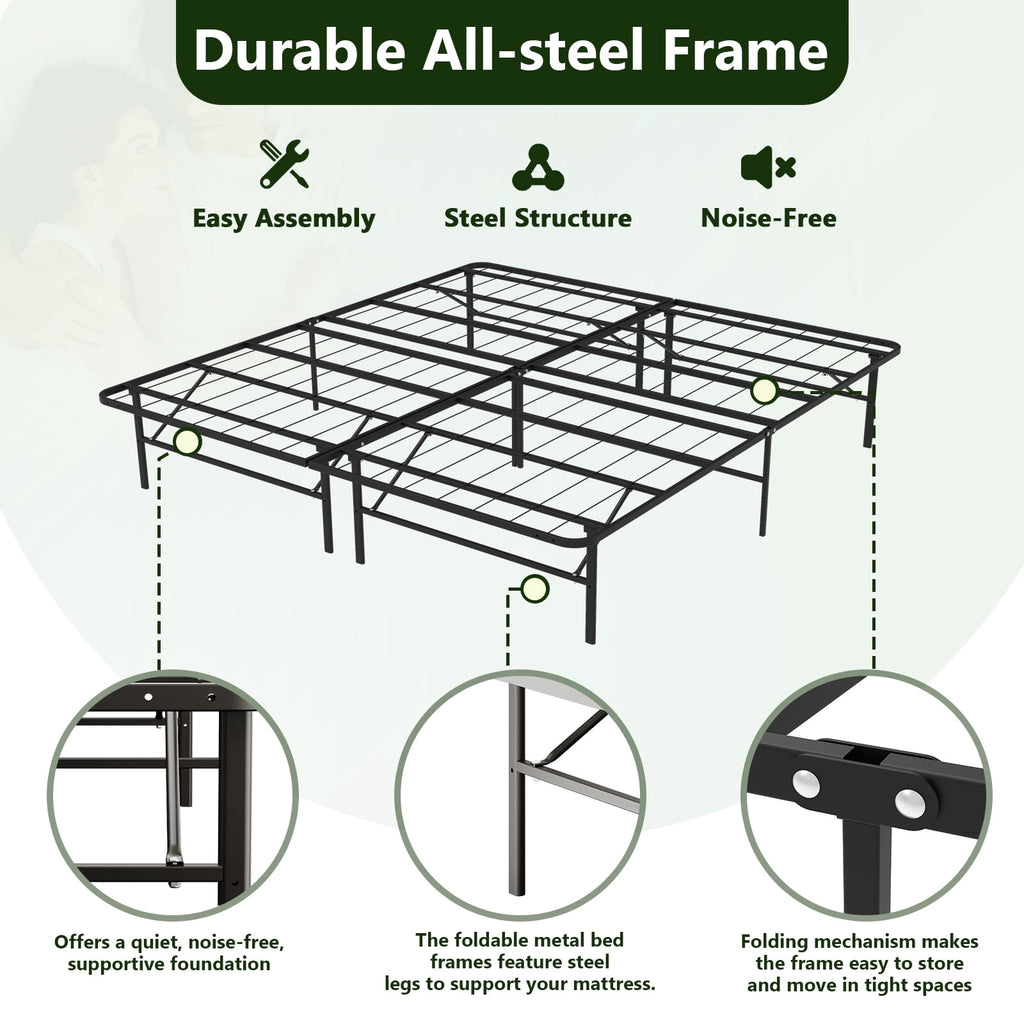 HaiNova King Bed Frame Folding Metal Platform Bed Frame with Heavy Duty and Strong Bearing Capacity, 14 Inches High, Black