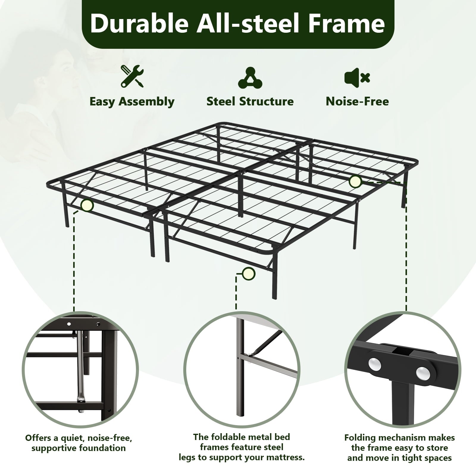 HaiNova King Bed Frame Folding Metal Platform Bed Frame with Heavy Duty and Strong Bearing Capacity, 14 Inches High, Black