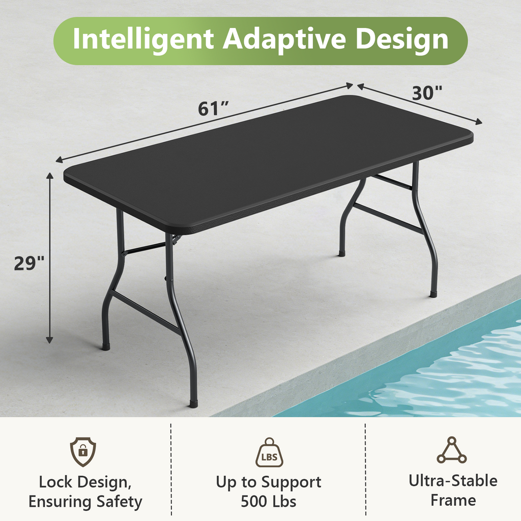 5FT Folding Table, Heavy Duty Plastic Table with Foldable Legs, Black