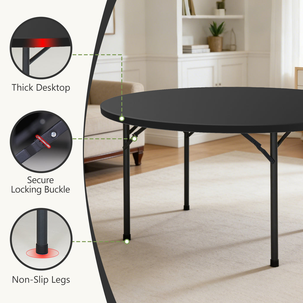 6FT Folding Round Table, Heavy Duty Plastic Card Table with Foldable Legs, Portable Folding Banquet Table for Living Room, Party or Outdoor Event, Indoor & Outdoor Use, Black