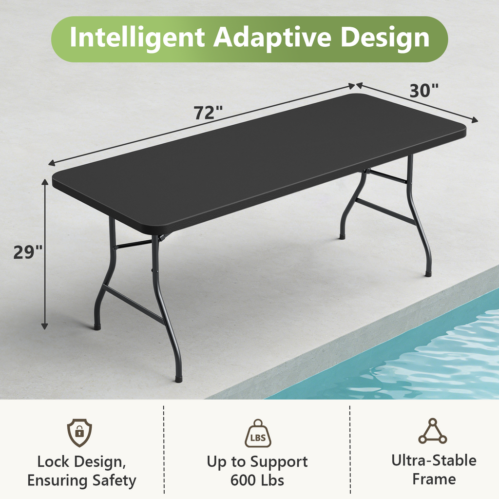 6ft Folding Table, Heavy Duty Plastic Card Table with Foldable Steel Legs, Metal Frame Support up to 600 lb, Portable for Indoor, Outdoor, Picnic, Camping, Dining, Party, Black