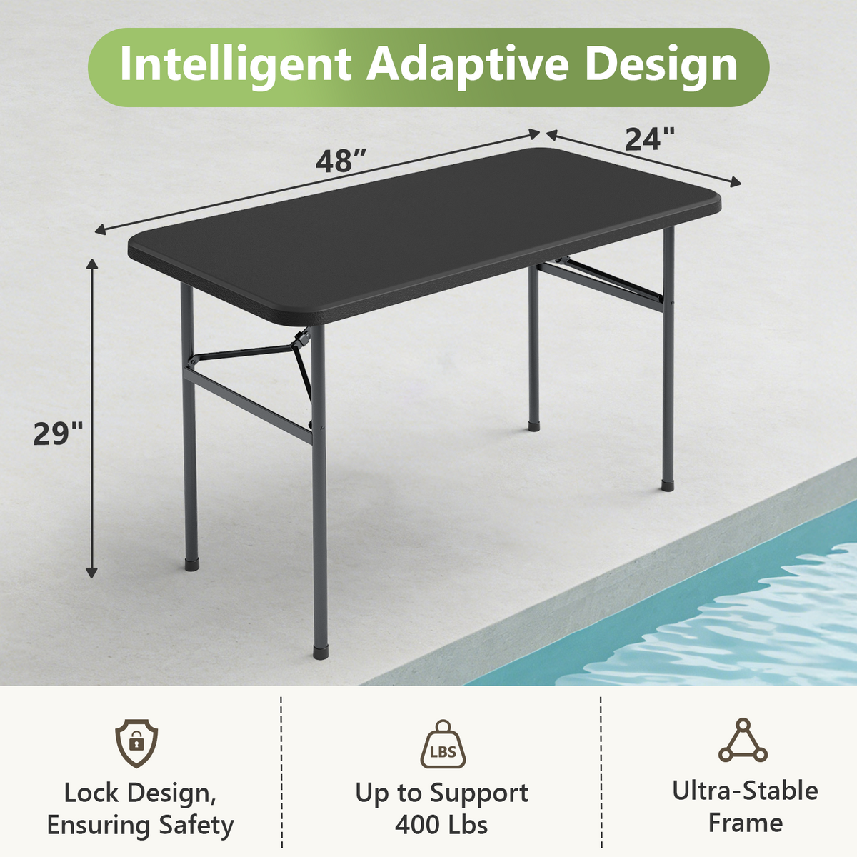 4ft Folding Table, Heavy Duty Plastic Card Table with Foldable Steel Legs, Metal Frame Support up to 400 lb, Portable for Indoor, Outdoor, Picnic, Camping, Dining, Party, White