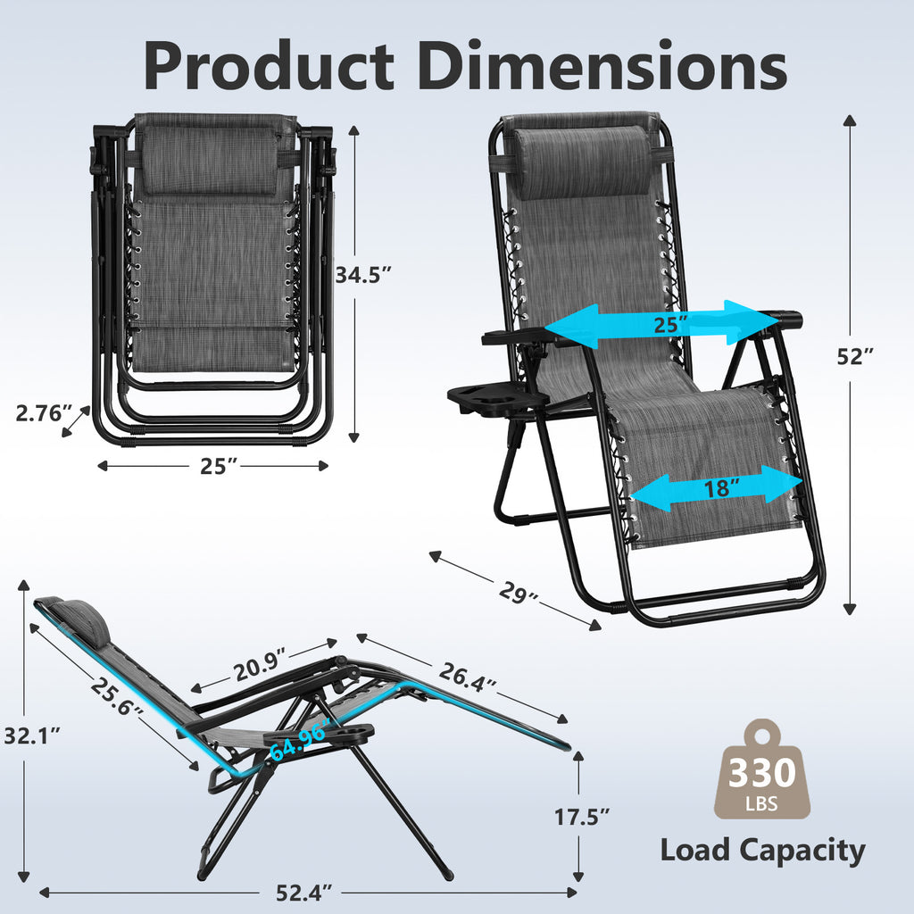 Zero Gravity Chairs Set of 2, Adjustable Lounge Chair Outdoor Recliner, Folding Reclining Lawn Chair, Anti Gravity Chair with Pillow & Cup Holder for Pool Camping Sunbathing Beach Patio (Gray)