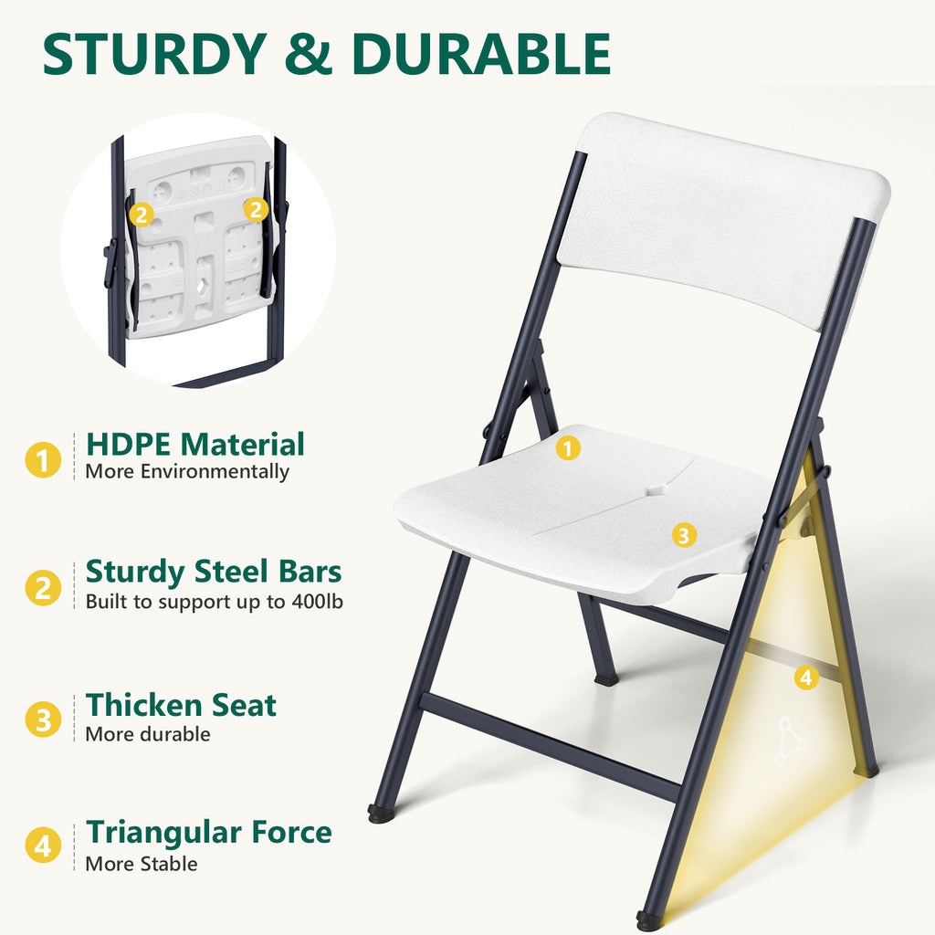 Folding Chair 4 Pack, Portable Heavy Duty Foldable Chair Plastic Seat with Steel Frame for Indoor and Outdoor, Dinning, Party, Wedding, Office, Patio, Garden, White