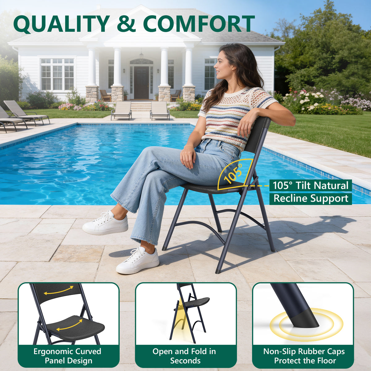 Folding Chairs 4 Pack, Outdoor Portable Foldable Chair with Steel Frame, 500lbs Capacity Heavy Duty Metal White Plastic Folding Chairs for Patio, Picnic, Kitchen, Dining