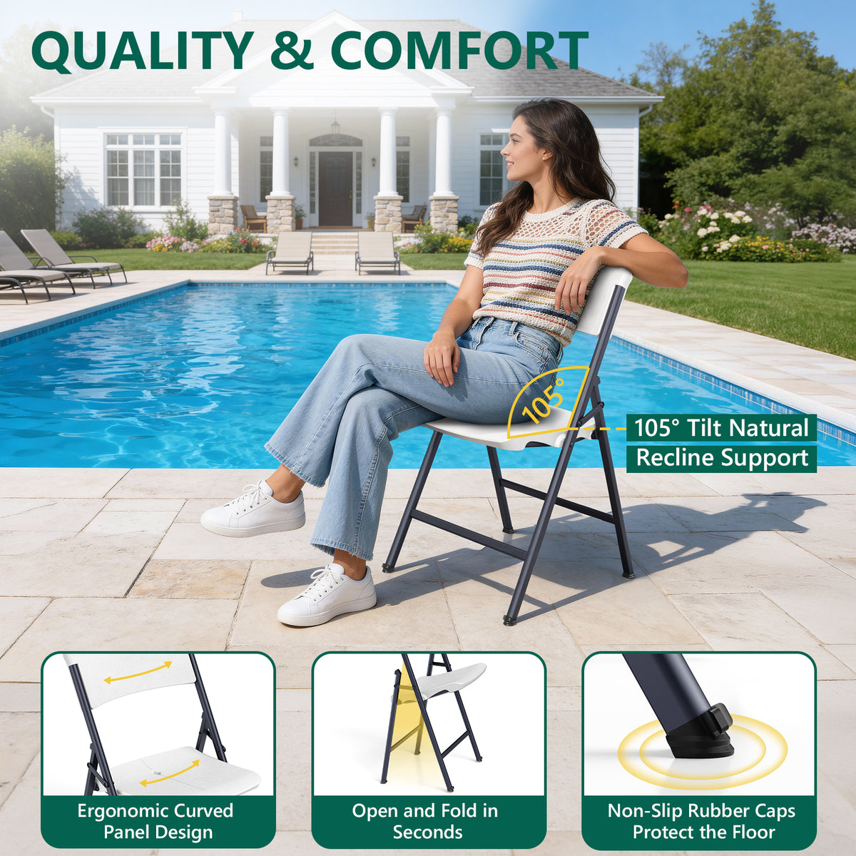 Folding Chair 4 Pack, Portable Heavy Duty Foldable Chair Plastic Seat with Steel Frame for Indoor and Outdoor, Dinning, Party, Wedding, Office, Patio, Garden, White