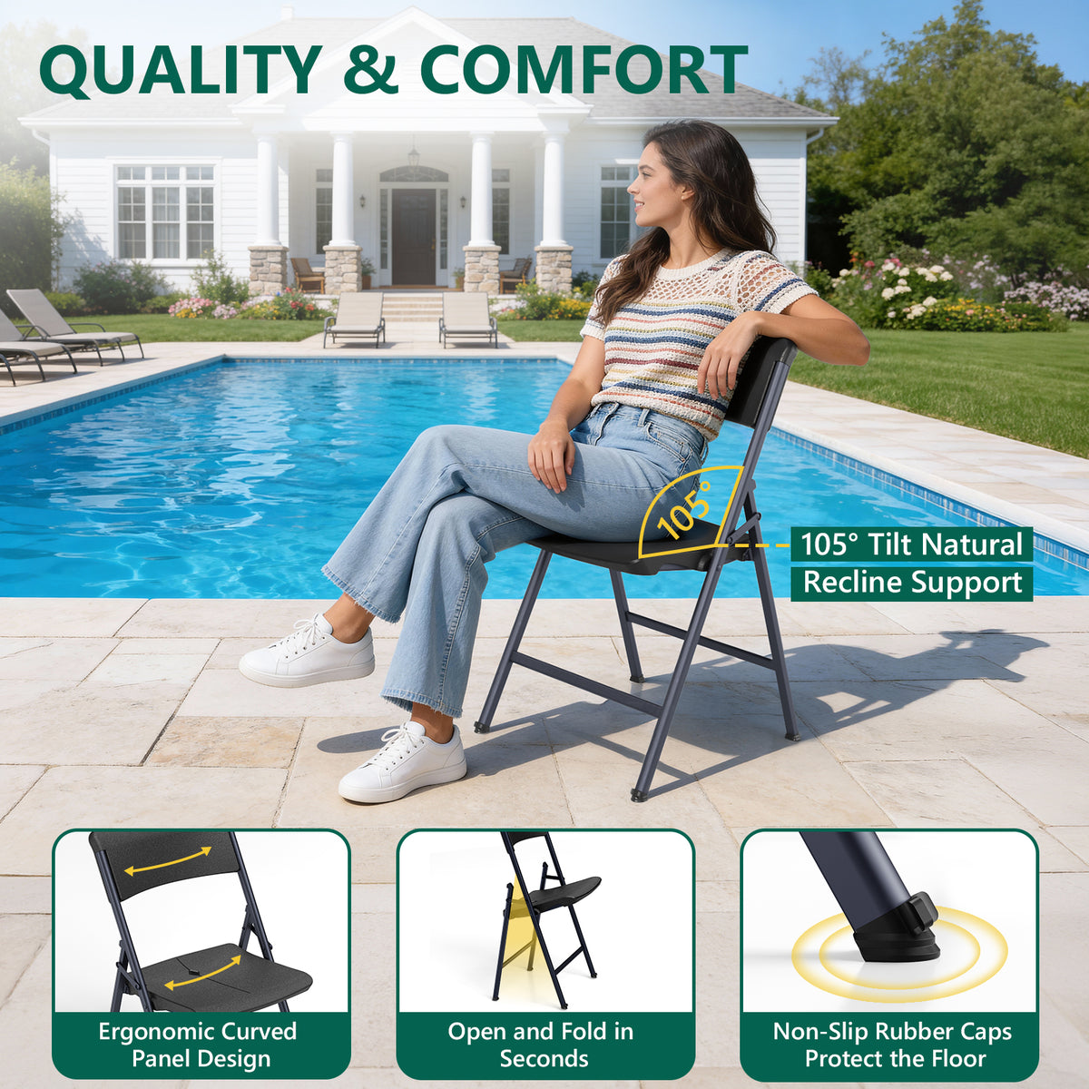 Folding Chair 4 Pack, Portable Heavy Duty Foldable Chair Plastic Seat with Steel Frame for Indoor and Outdoor, Dinning, Party, Wedding, Office, Patio, Garden, White