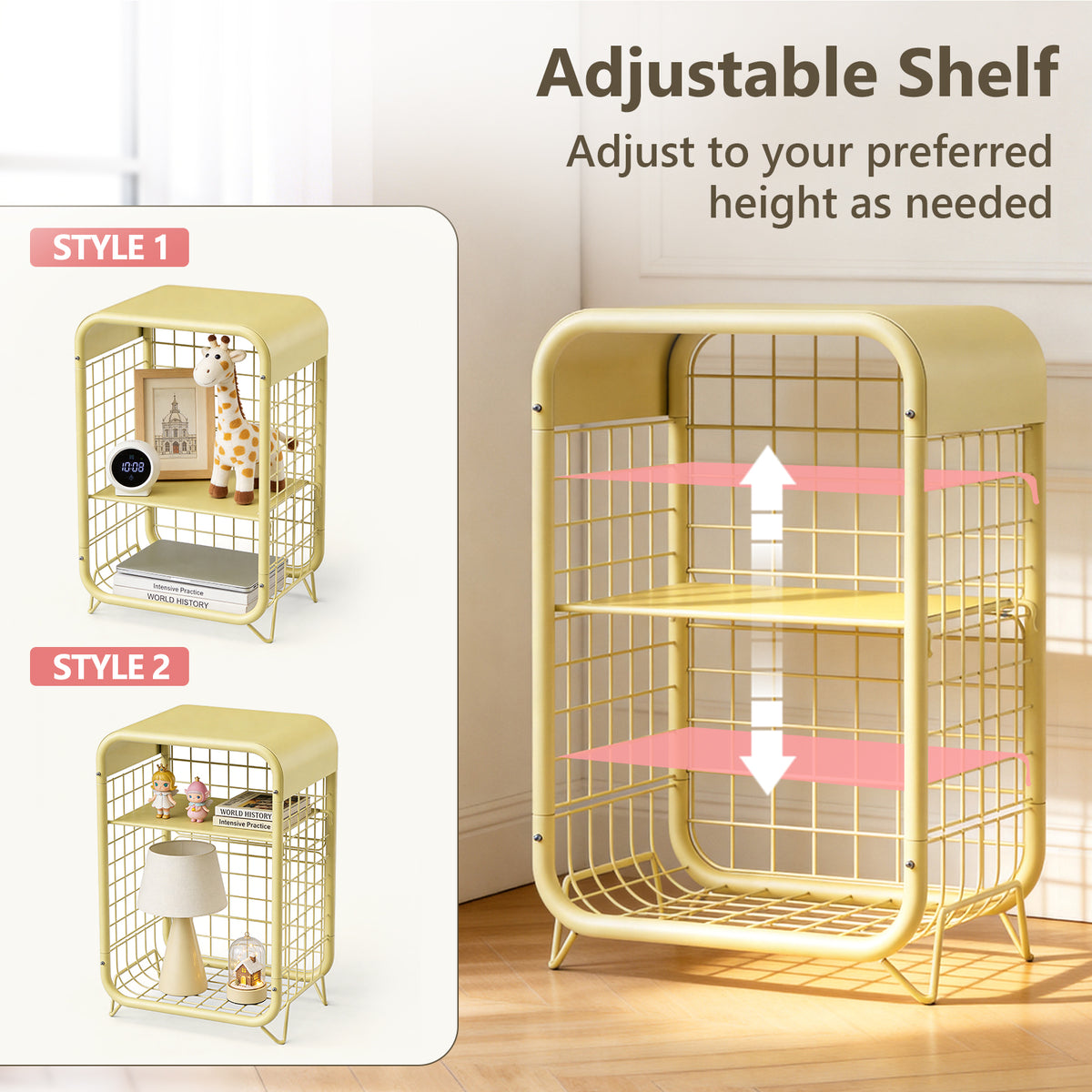Cute Nightstand, Metal End Table, Side Table with Storage, 3-Tier Narrow End Table for Girls, Small Beside Table for Bedroom, Living Room, Office, Decor, Pink