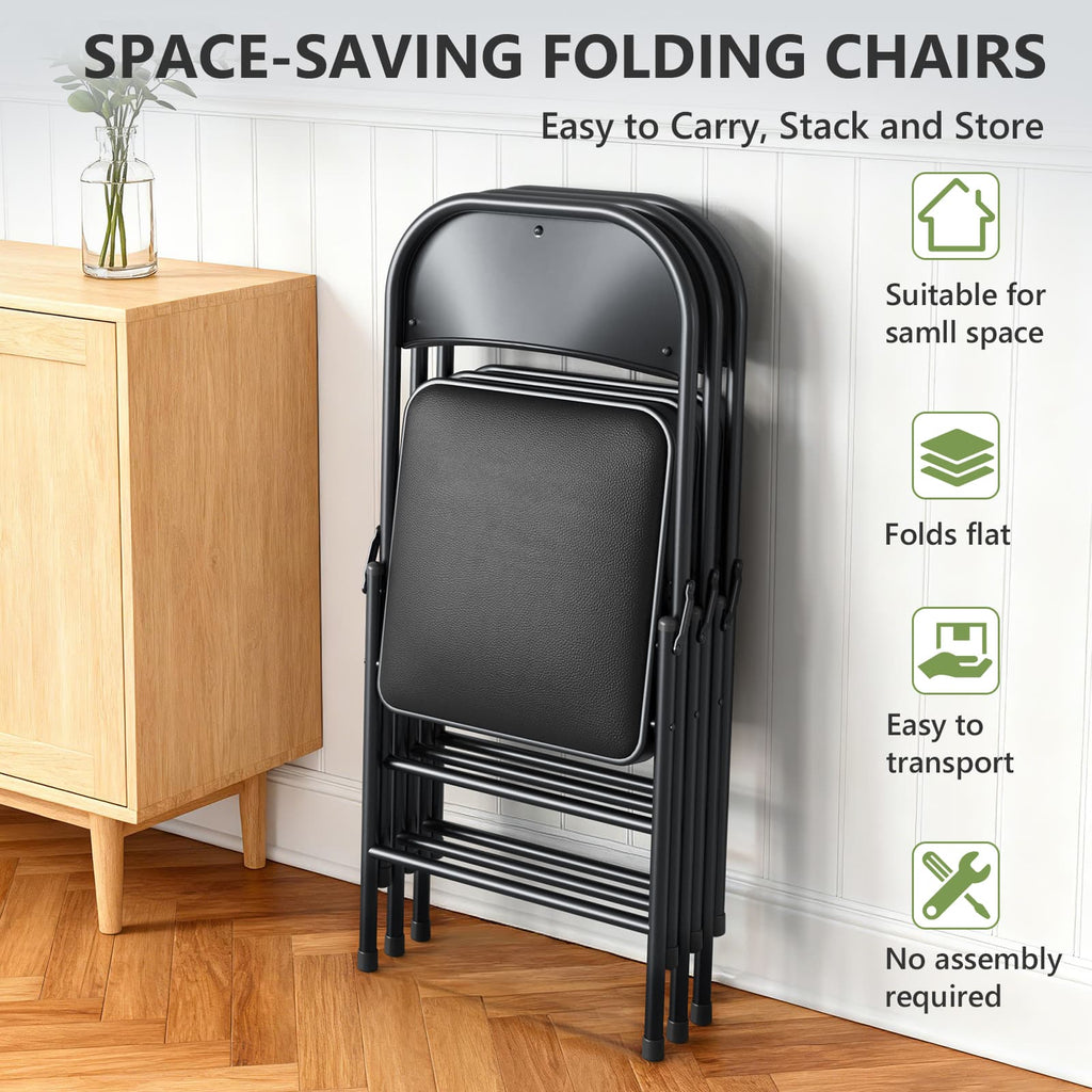 Folding Chair 4 Pack, Comfy PU Leather Padded Folding Chairs for Outside and Indoor, Heavy Duty Portable Foldable Metal Commercial Seat for Home Office, Dorm, Party, Backyard, Lawn, Patio