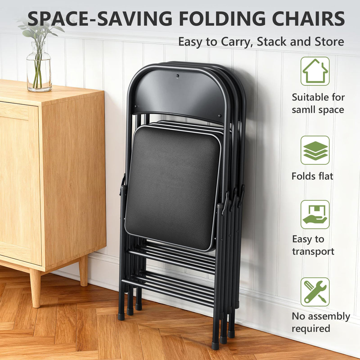 Folding Chair 4 Pack, Comfy PU Leather Padded Folding Chairs for Outside and Indoor, Heavy Duty Portable Foldable Metal Commercial Seat for Home Office, Dorm, Party, Backyard, Lawn, Patio