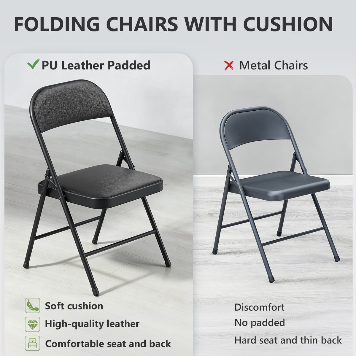 Folding Chair 4 Pack, Comfy PU Leather Padded Folding Chairs for Outside and Indoor, Heavy Duty Portable Foldable Metal Commercial Seat for Home Office, Dorm, Party, Backyard, Lawn, Patio