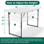 Folding Table, 4FT Foldable Picnic Table with Adjustable Height, Heavy Duty Fold-in-Half Portable Table for Weddings, Camping, RV Travel, Parties, BBQs, and Indoor Use, Easy to Fold and Store