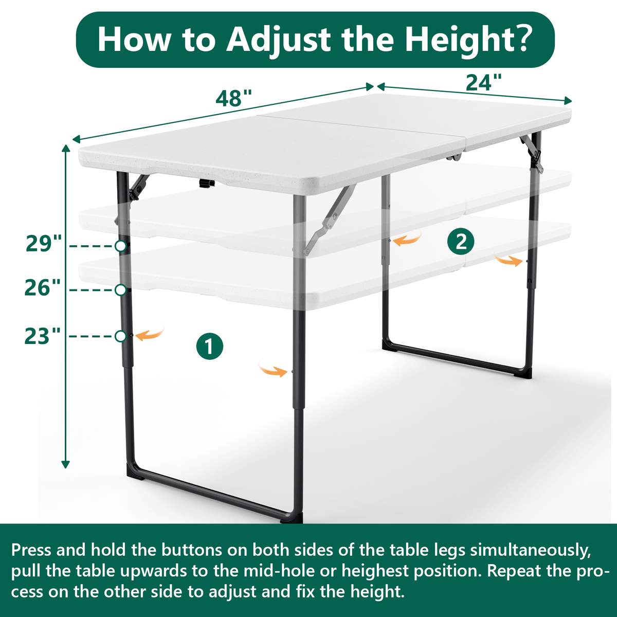 Folding Table, 4FT Foldable Picnic Table with Adjustable Height, Heavy Duty Fold-in-Half Portable Table for Weddings, Camping, RV Travel, Parties, BBQs, and Indoor Use, Easy to Fold and Store