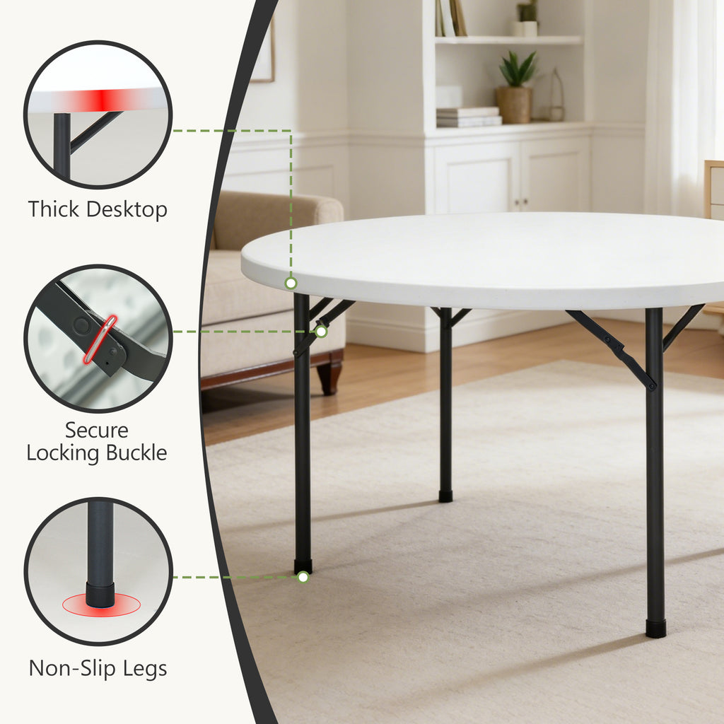 60" Folding Round Table, Plastic Dinner Table, Portable Folding Banquet Table for Living Room, Party or Outdoor Event, Black