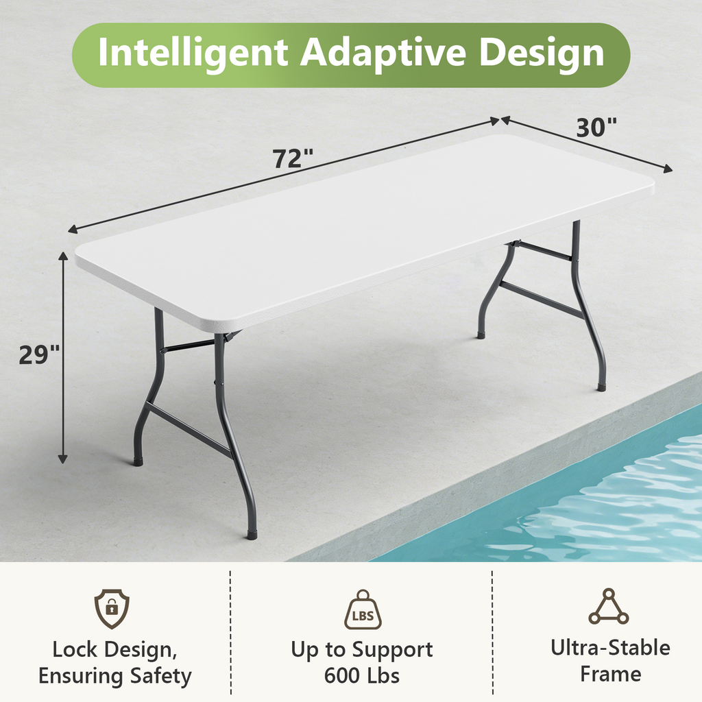 8ft Folding Table, Heavy Duty Plastic Card Table with Foldable Legs